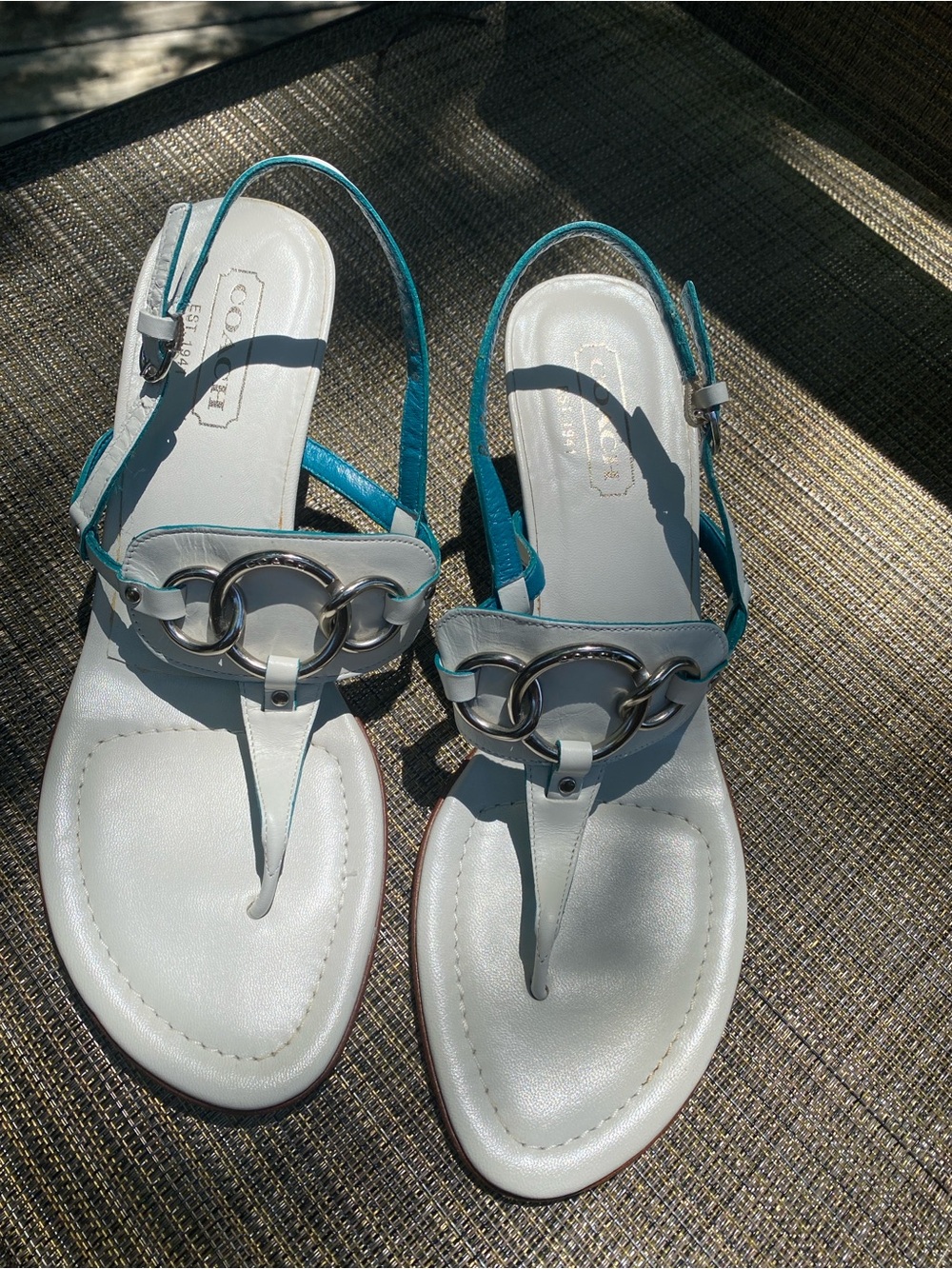 Coach White Leather Thong Sandals with Teal Straps
